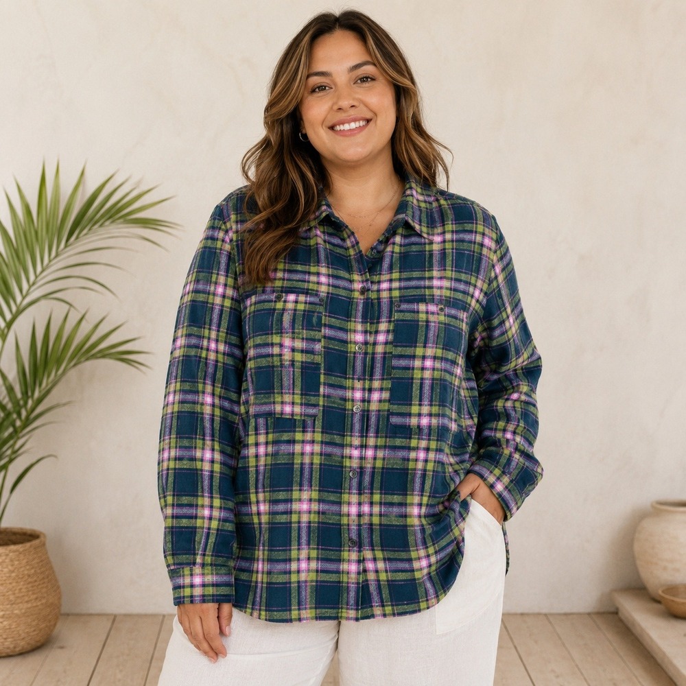 SO Womens Oversized Flannel Plaid Button Down Shirt Navy Green Pink XL New